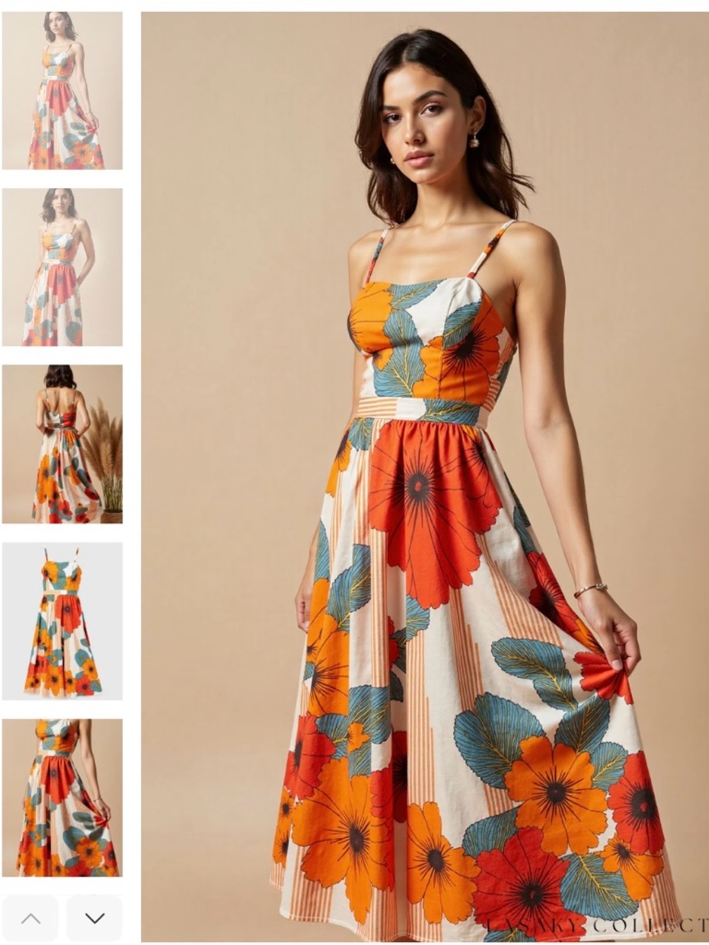 Sunset Bloom Midi Dress in Orange & Cream